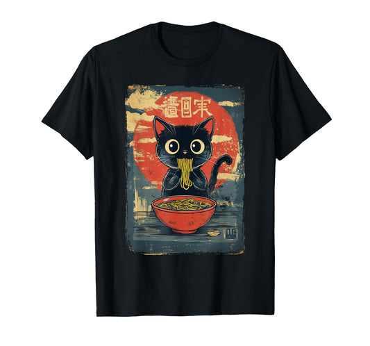 Black Cat Eating Ramen Vintage T-Shirt