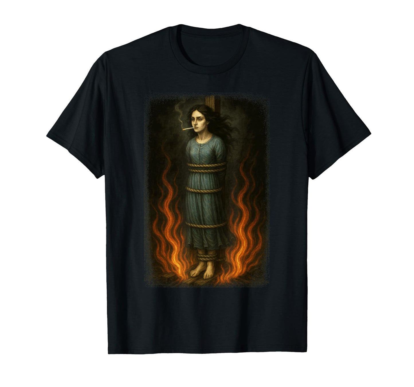 Witch Lighting Cigarette with Flames Occult Unholy Funny T-Shirt