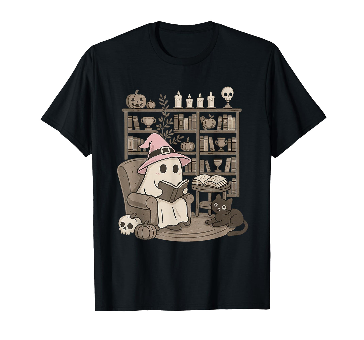 Funny Ghost Witch Reading Black Cat Library Halloween T-Shirt