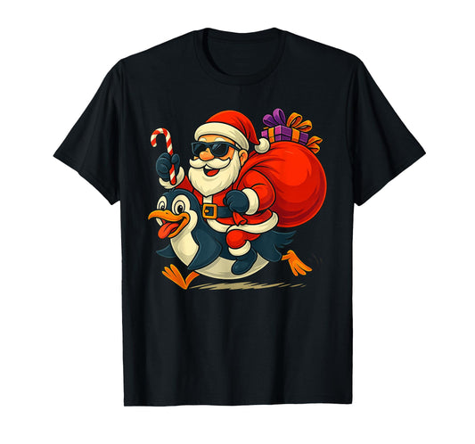 Santa Claus Riding Penguin X-mas Boys Men Merry Christmas T-Shirt