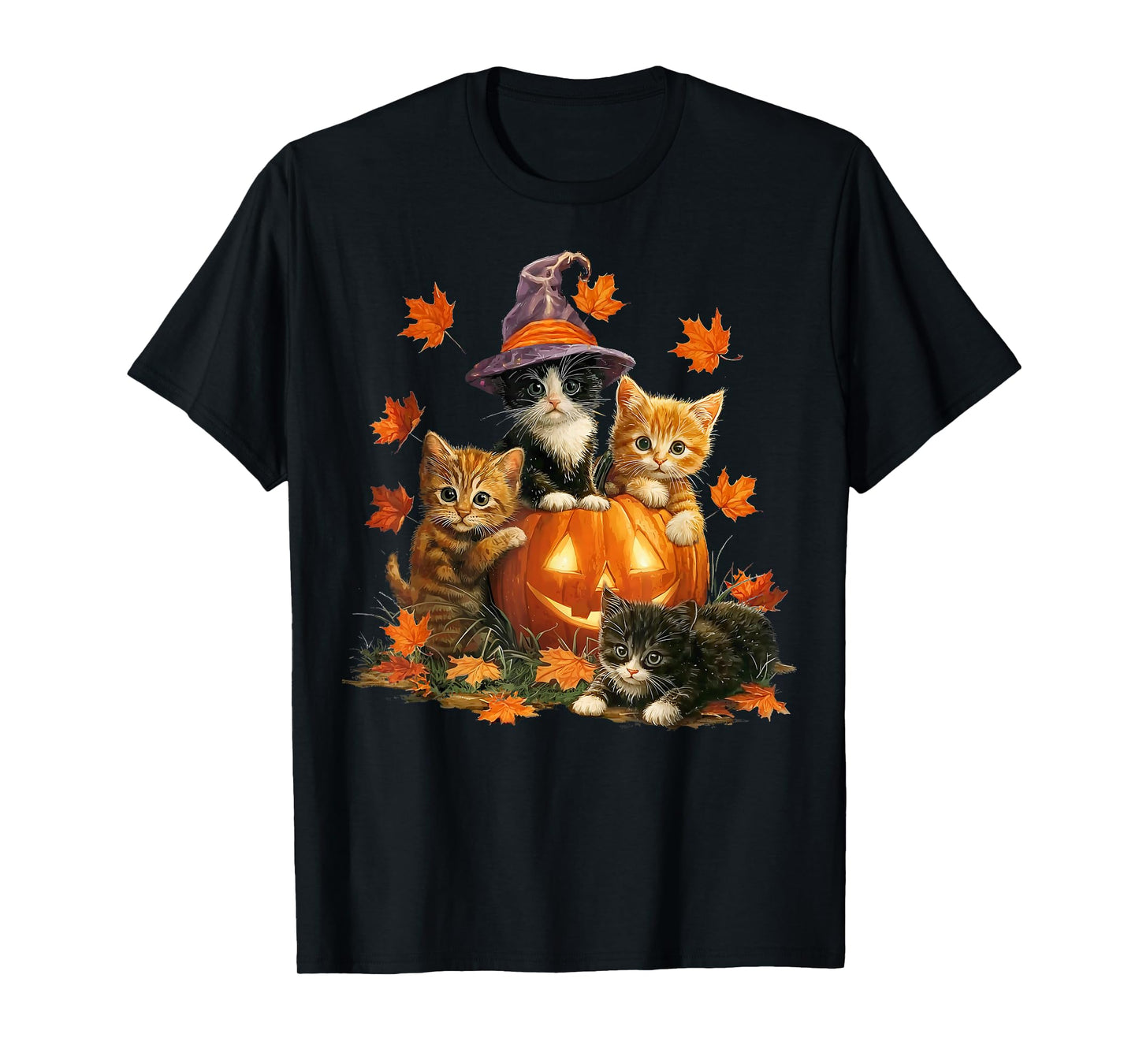 Vintage Cats Pumpkin Cat Witch Halloween Autumn Fall Season T-Shirt