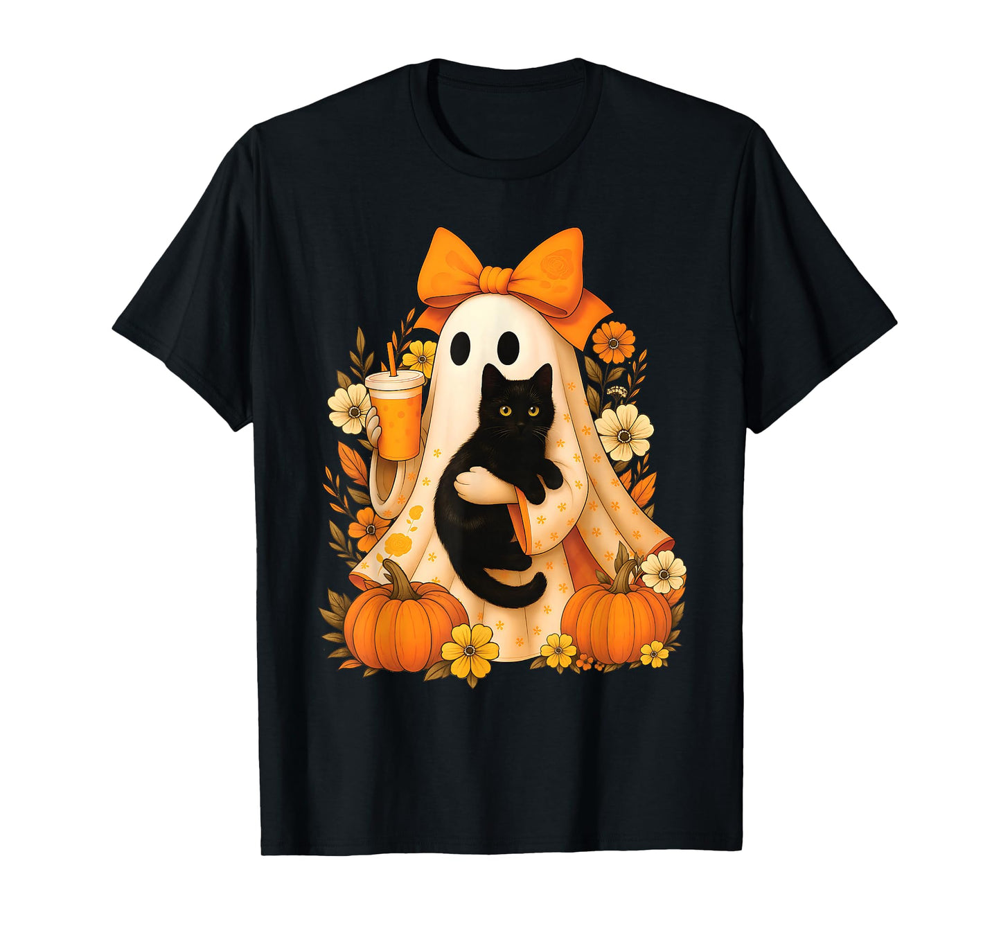 Retro Ghost Holding Cat Groovy Floral Vintage Halloween T-Shirt