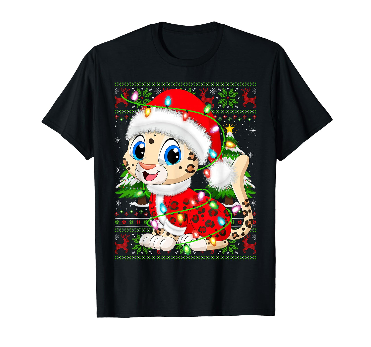 Leopard Christmas Lights Santa Costume Ugly Xmas Sweaters T-Shirt