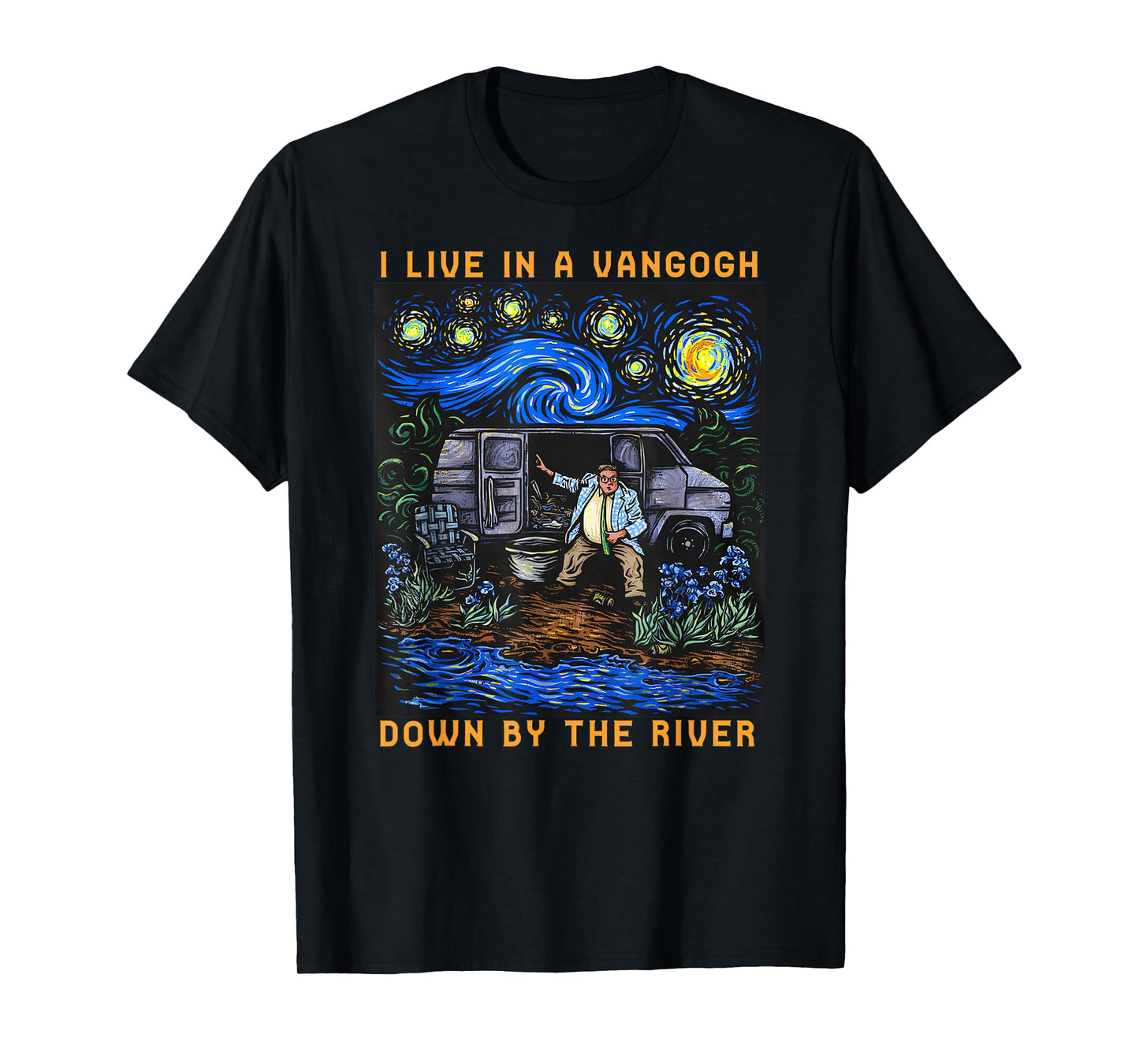River Beautiful Day I Live In A Van-Gogh Down Black Cotton 100% Classic Fit Crew Collar Short Sleeve Unisex-Adults Small T-Shirt