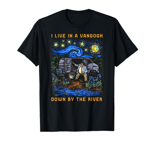 River Beautiful Day I Live In A Van-Gogh Down Black Cotton 100% Classic Fit Crew Collar Short Sleeve Unisex-Adults Small T-Shirt