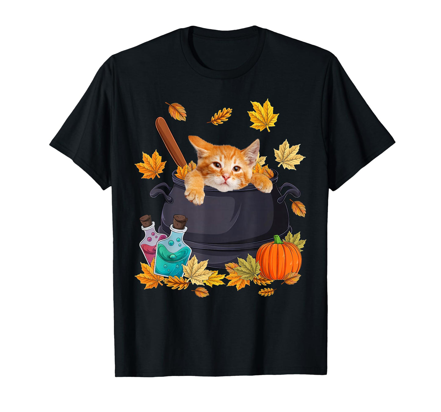 Cat in Witch Bucket & Fall Leaves Halloween Costume Day Kids T-Shirt
