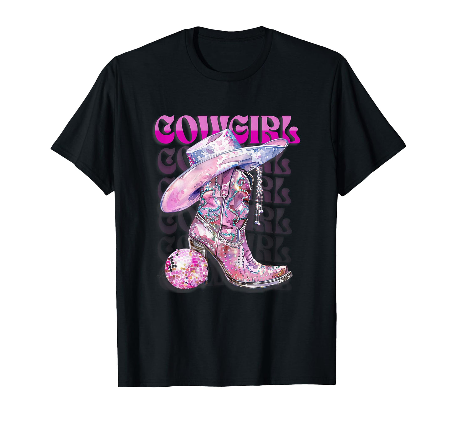 Pink Cowgirl Boots Disco Western Country Cow Girl Coastal T-Shirt