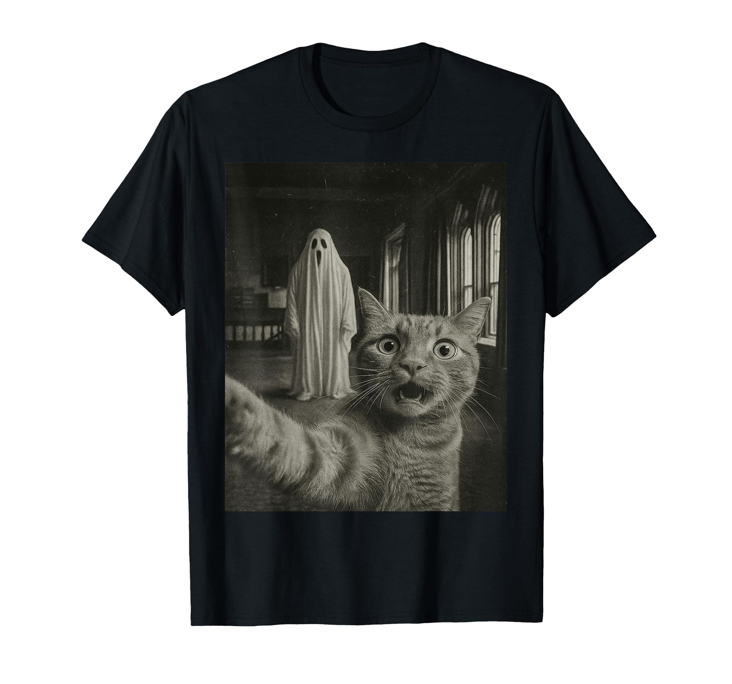 Haunted House Ghost Vintage Photo Funny Tabby Cat Halloween T-Shirt