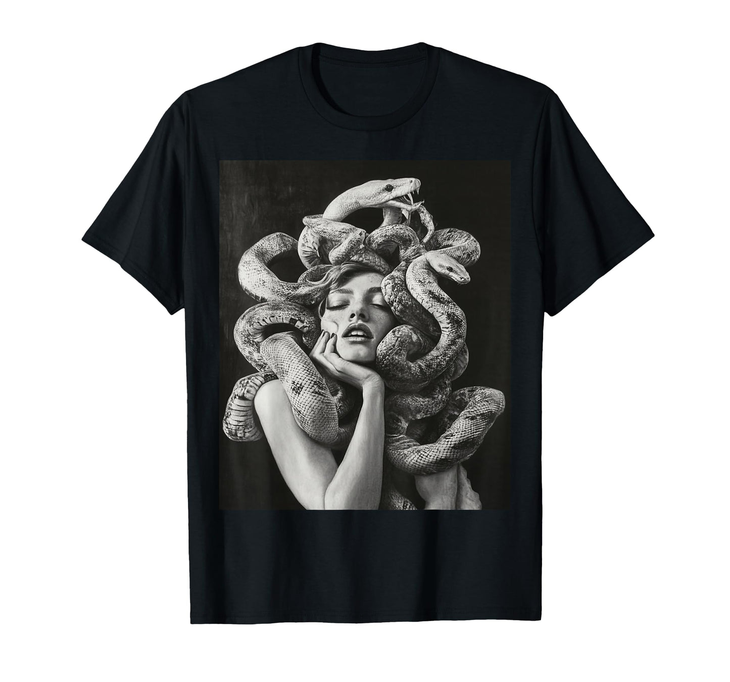 Goth Medusa Tops Black Gothic White Design Snake T-Shirt