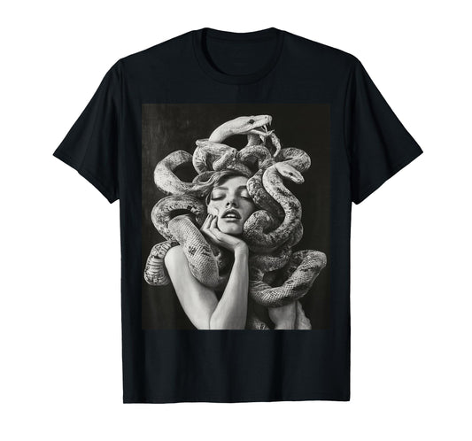 Goth Medusa Tops Black Gothic White Design Snake T-Shirt