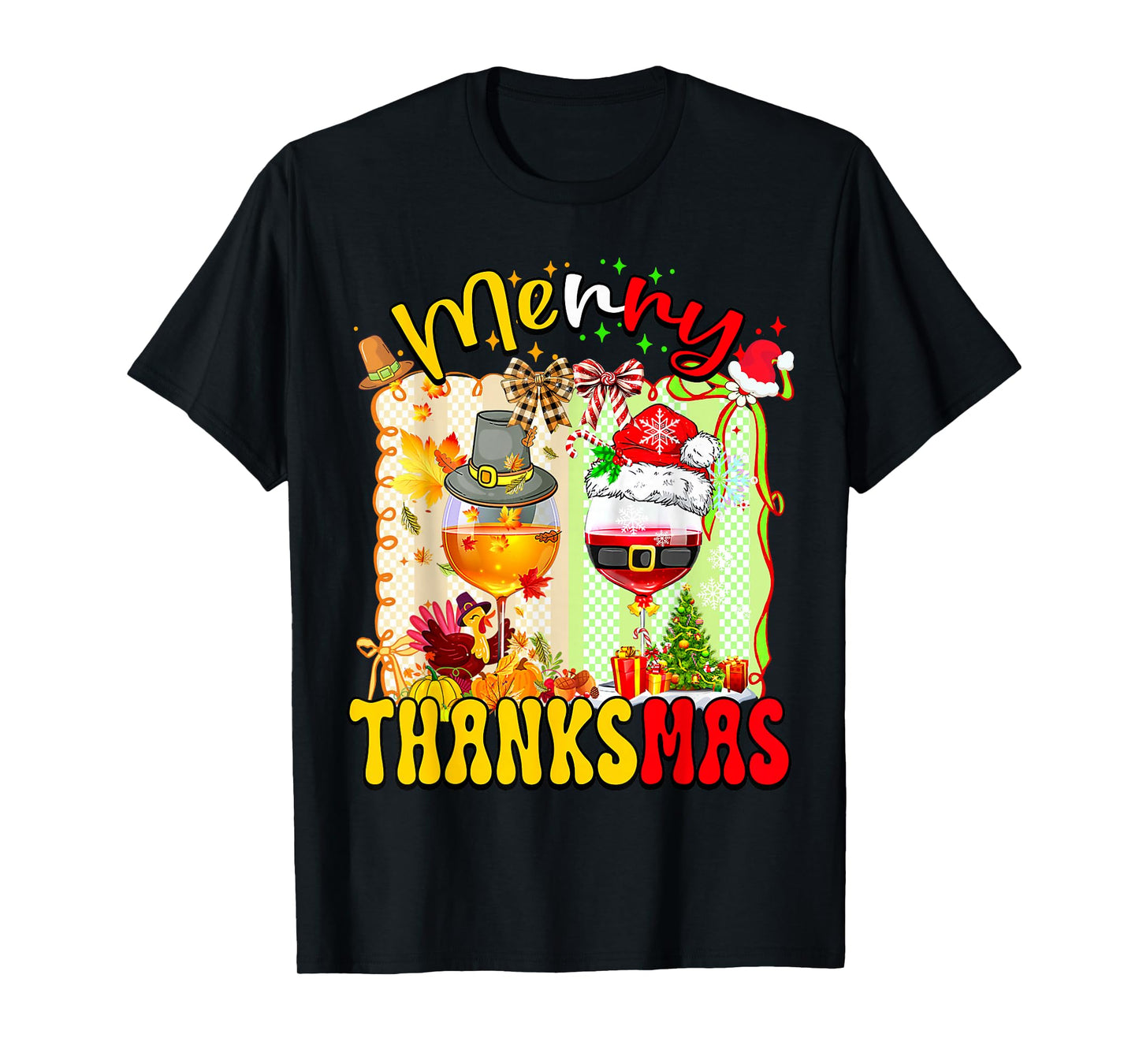 Merry Thanksmas Two Wine Glass Happy Thanksgiving Christmas T-Shirt