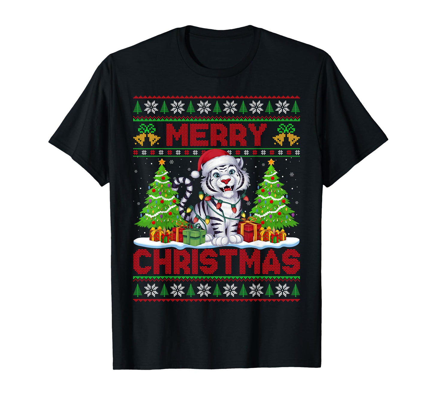 White Tiger Ugly Christmas Sweaters Funny Santa Lights Xmas T-Shirt