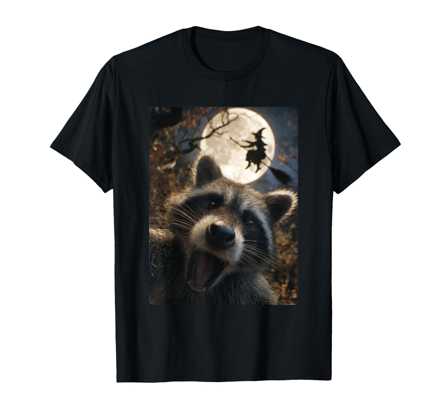 Funny Raccoon Selfie Full Moon Flying Witch Forest Halloween T-Shirt