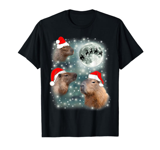 3 Capybara Moon Giant Rodents Weird Howling Funny Xmas Santa T-Shirt