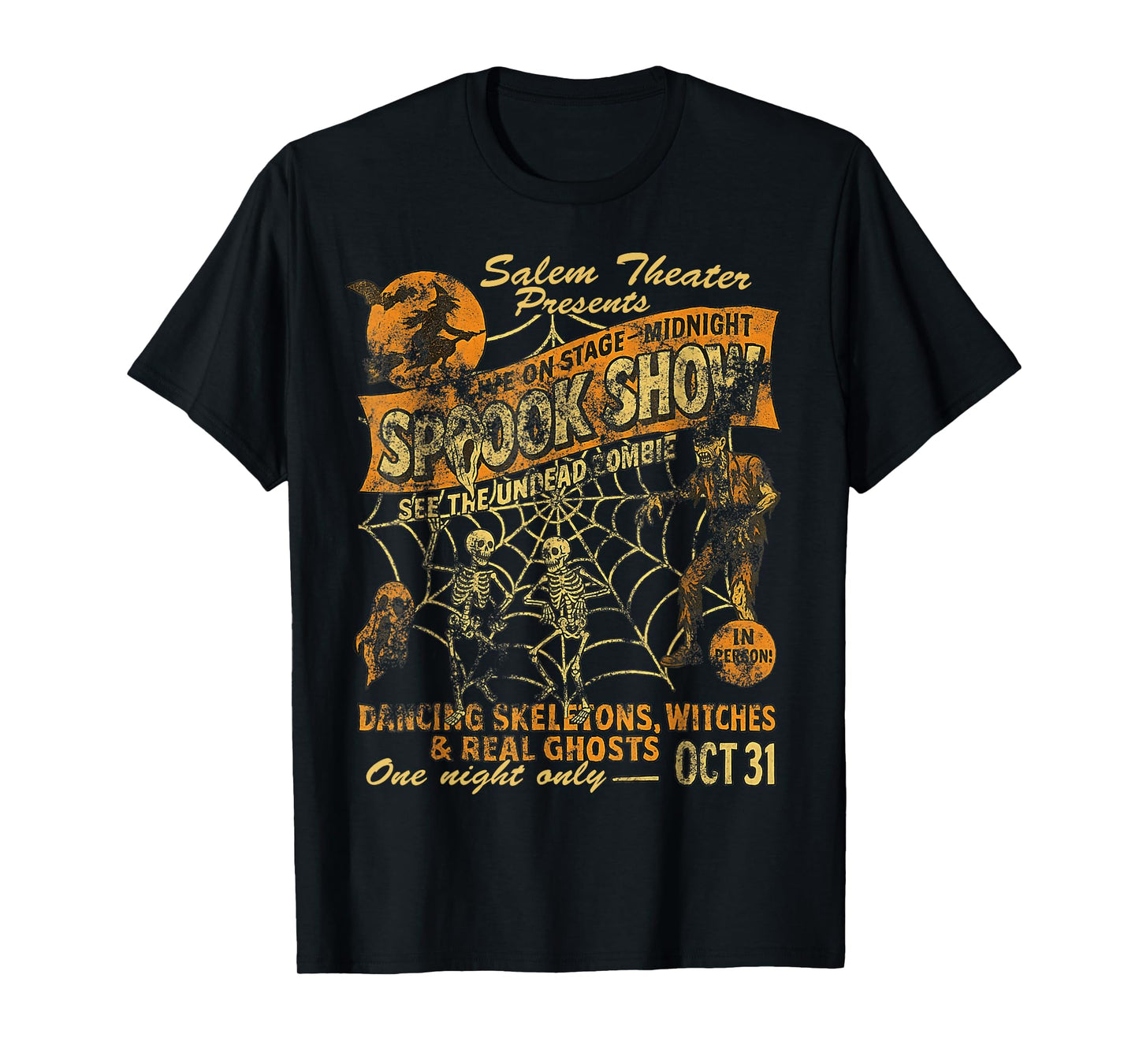 Vintage Halloween Spook Show Witch Dancing Skeletons Monster T-Shirt
