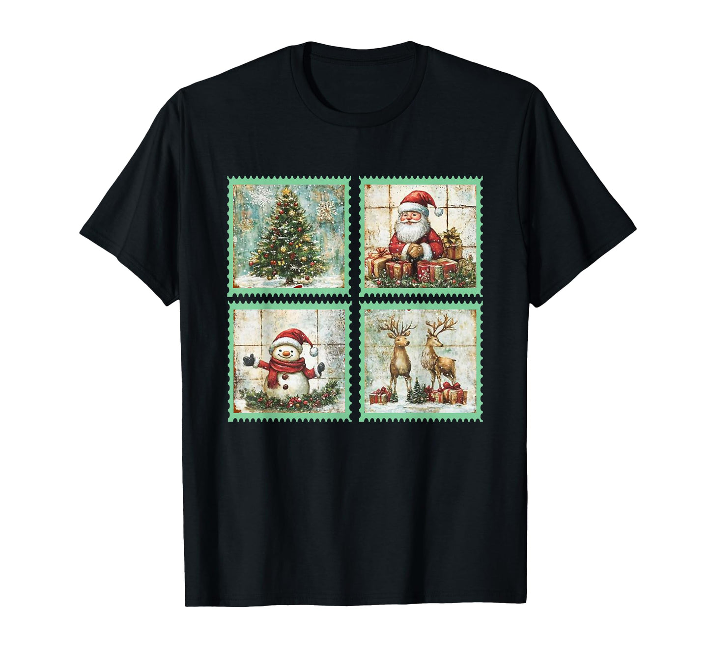 Retro Christmas Stamp Santa,Rentier,Snowmen,Christmas Tree T-Shirt