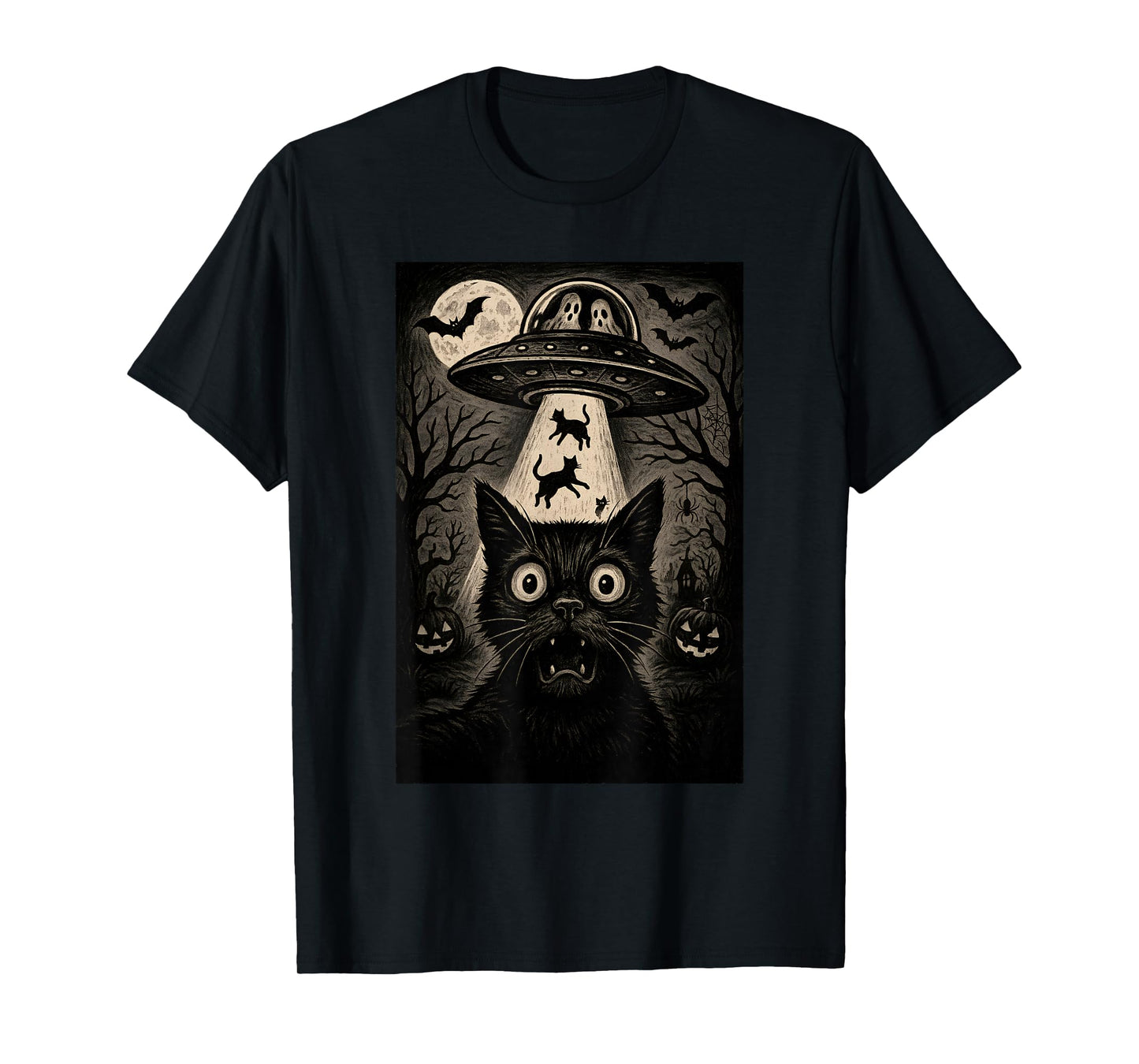 Halloween Cat Selfie Spooky Alien Abduction Cats UFO Flying T-Shirt