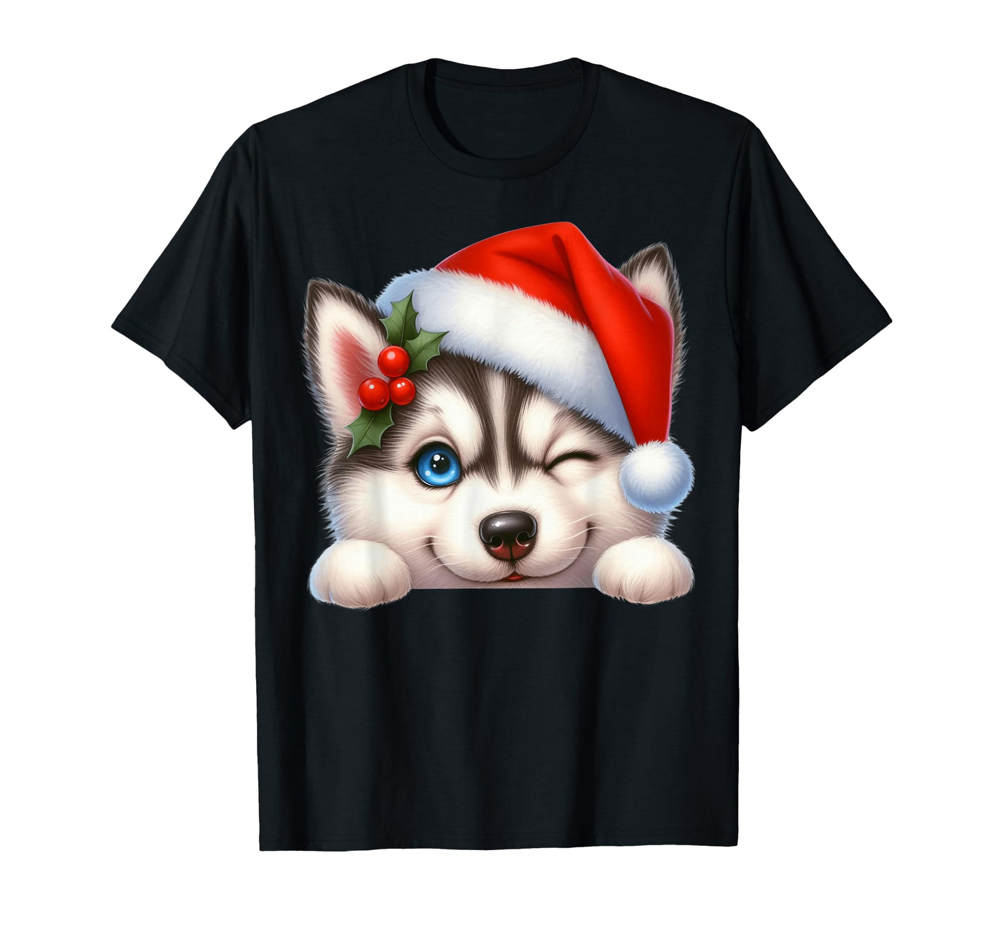 Siberian Husky Dog Christmas Santa Hat Dog Mom Dad T-Shirt