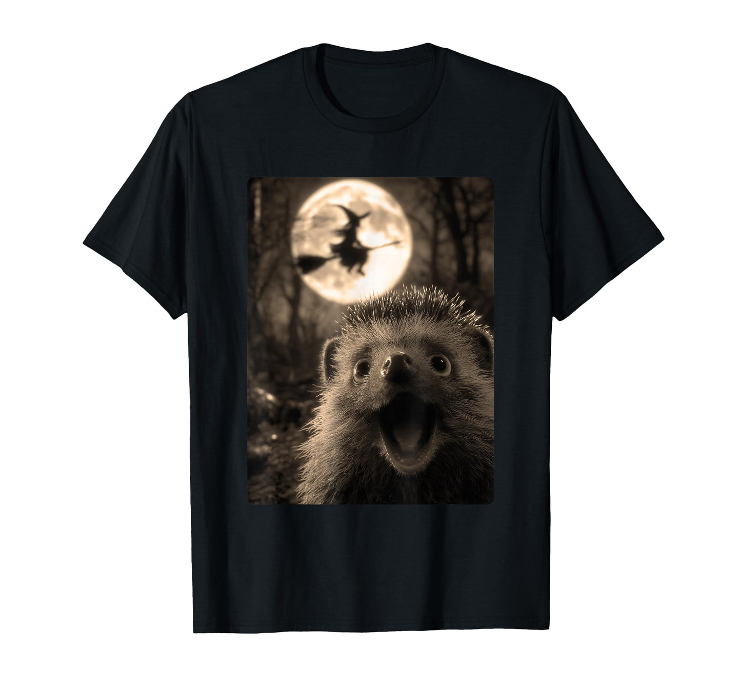 Funny Hedgehog Selfie with Full Moon Flying Witch Halloween T-Shirt
