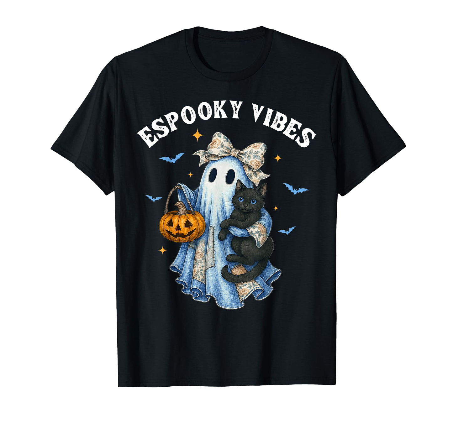 Spooky Vibes Ghost Witch Black Cat Funny Halloween Costumes T-Shirt