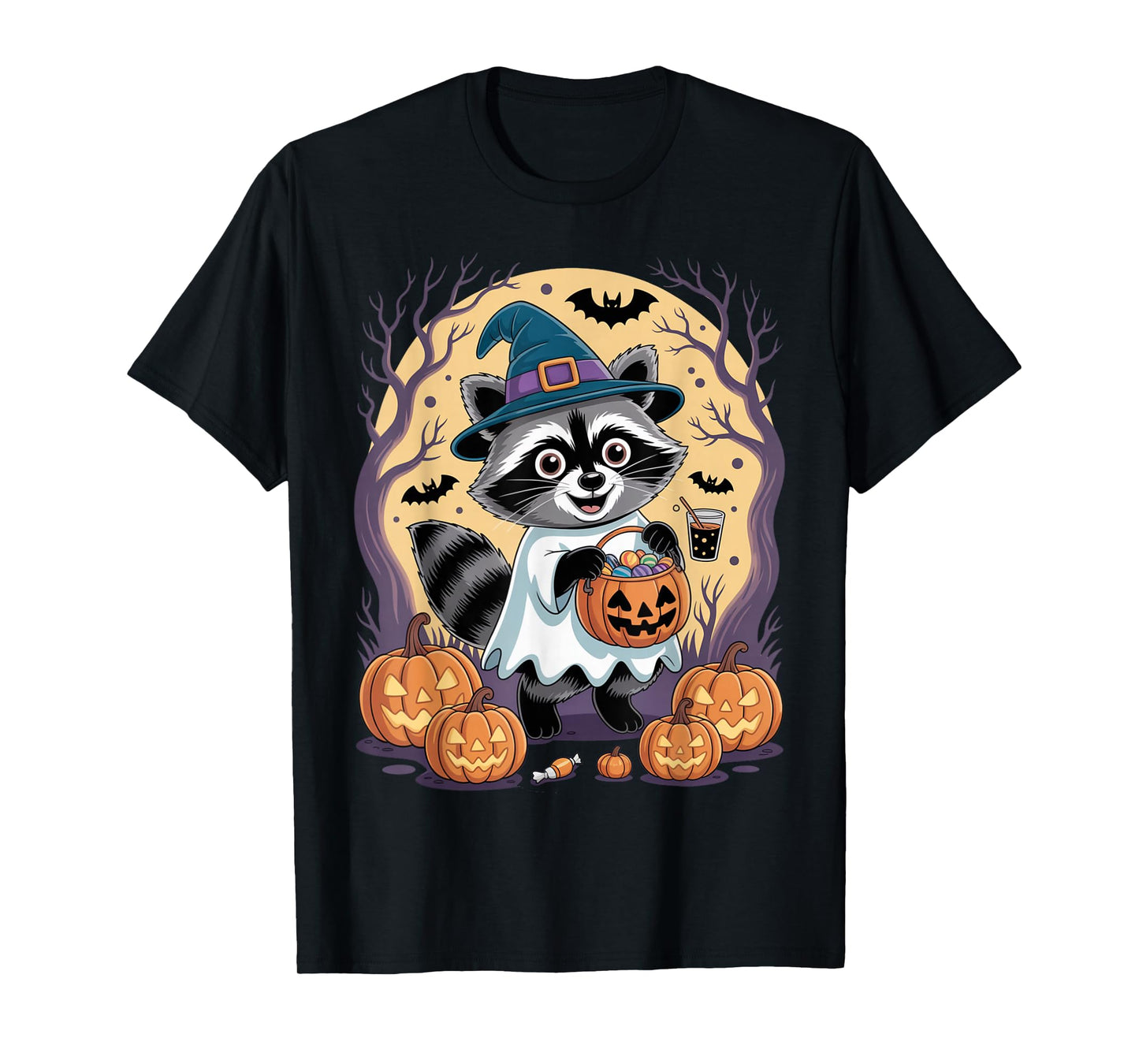Spooky Raccoon Witch Hat Halloween Pumpkin Adventures Funny T-Shirt