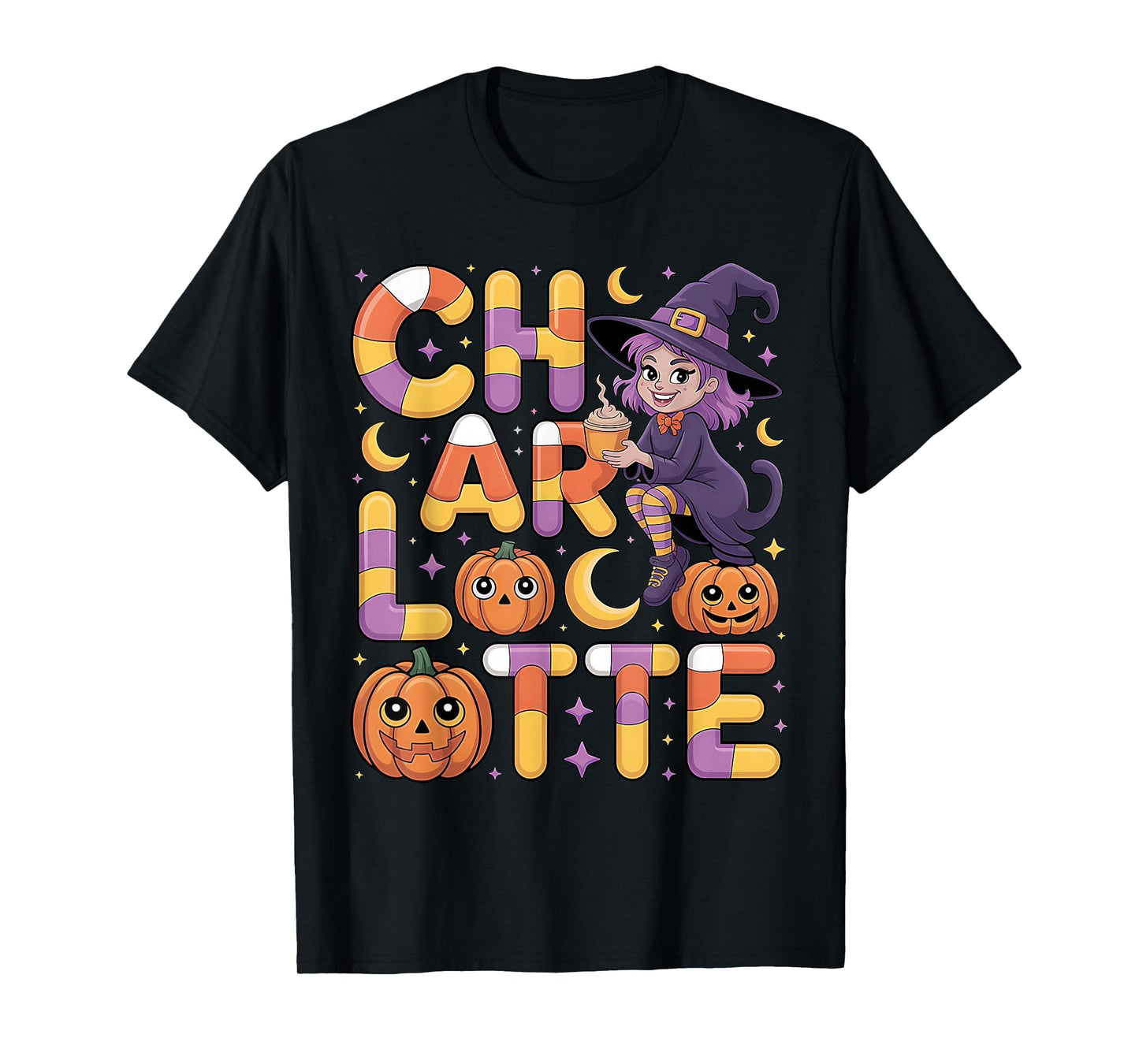 Charlotte Witch Candy Corn Cat Halloween Women and Girls T-Shirt