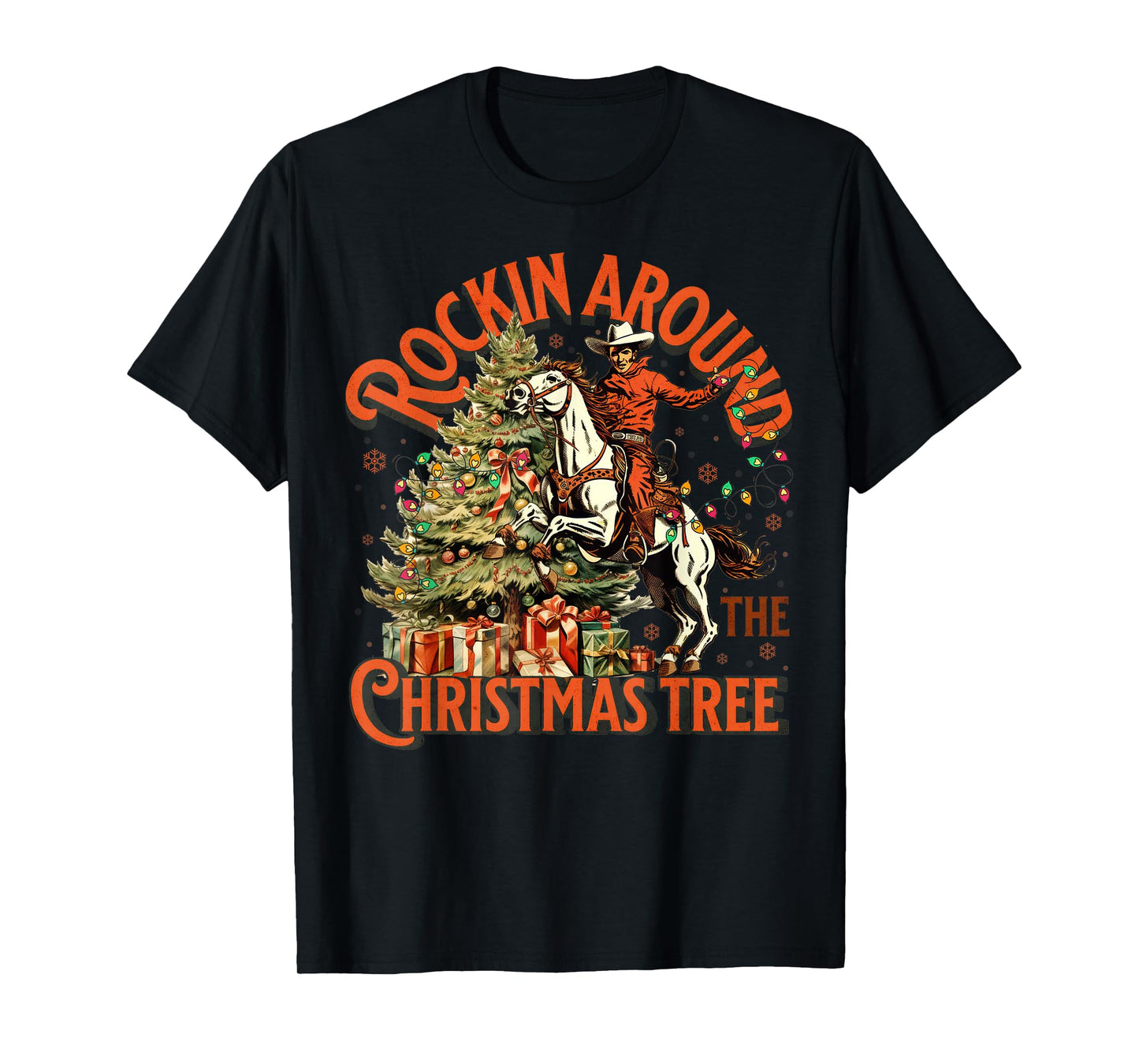 Retro Rockin Around Christmas Tree Cowboy Santa Riding Horse T-Shirt