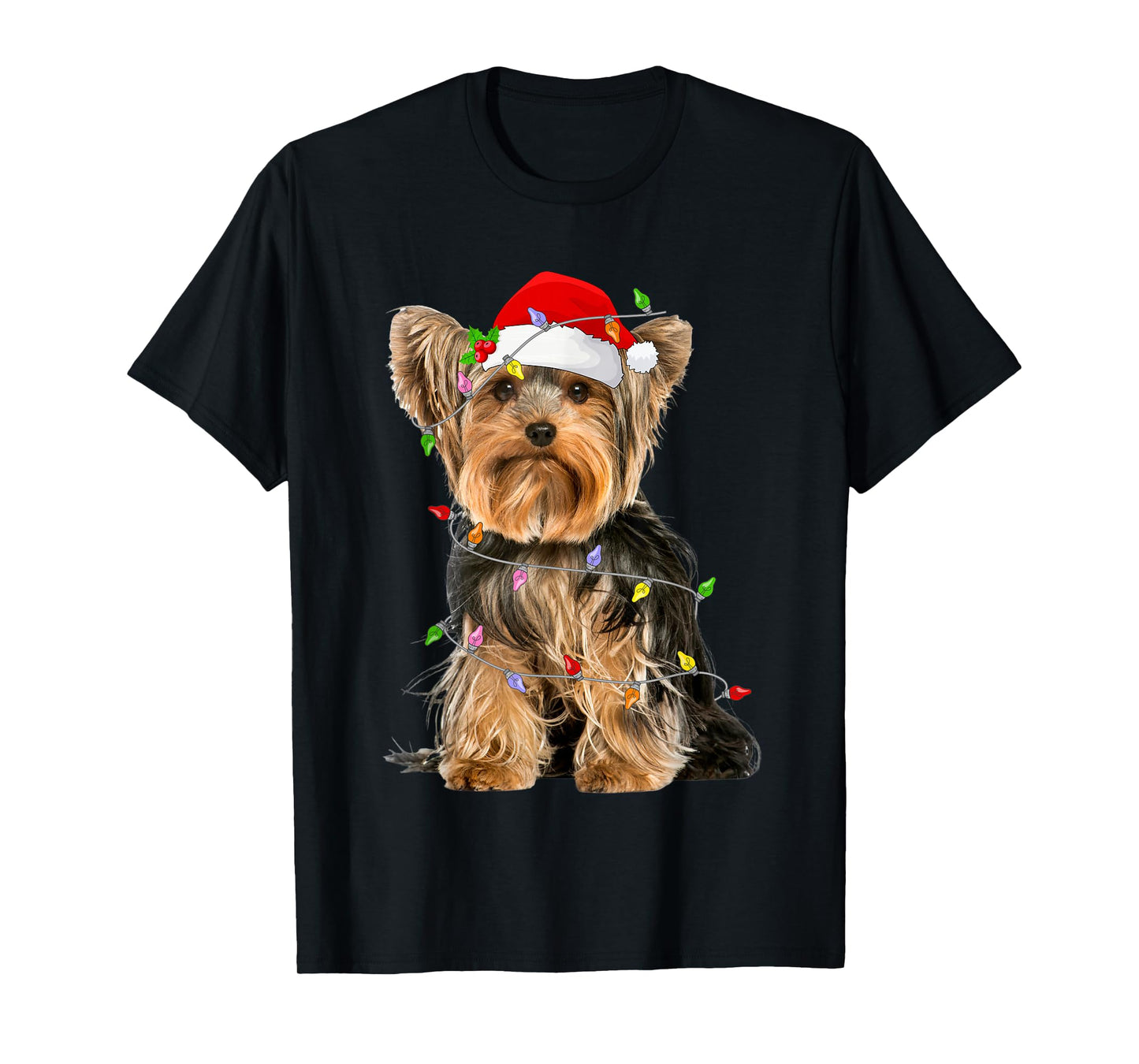 Yorkshire Terrier Christmas Santa Hat Lights Pet Dog Xmas T-Shirt