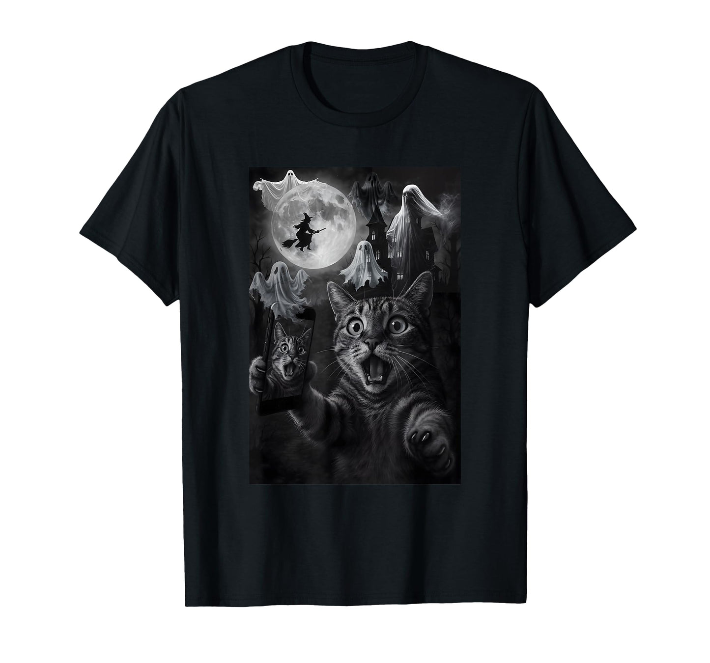 Halloween Surprise Cat Selfie Scary House Ghost Witch Flying T-Shirt