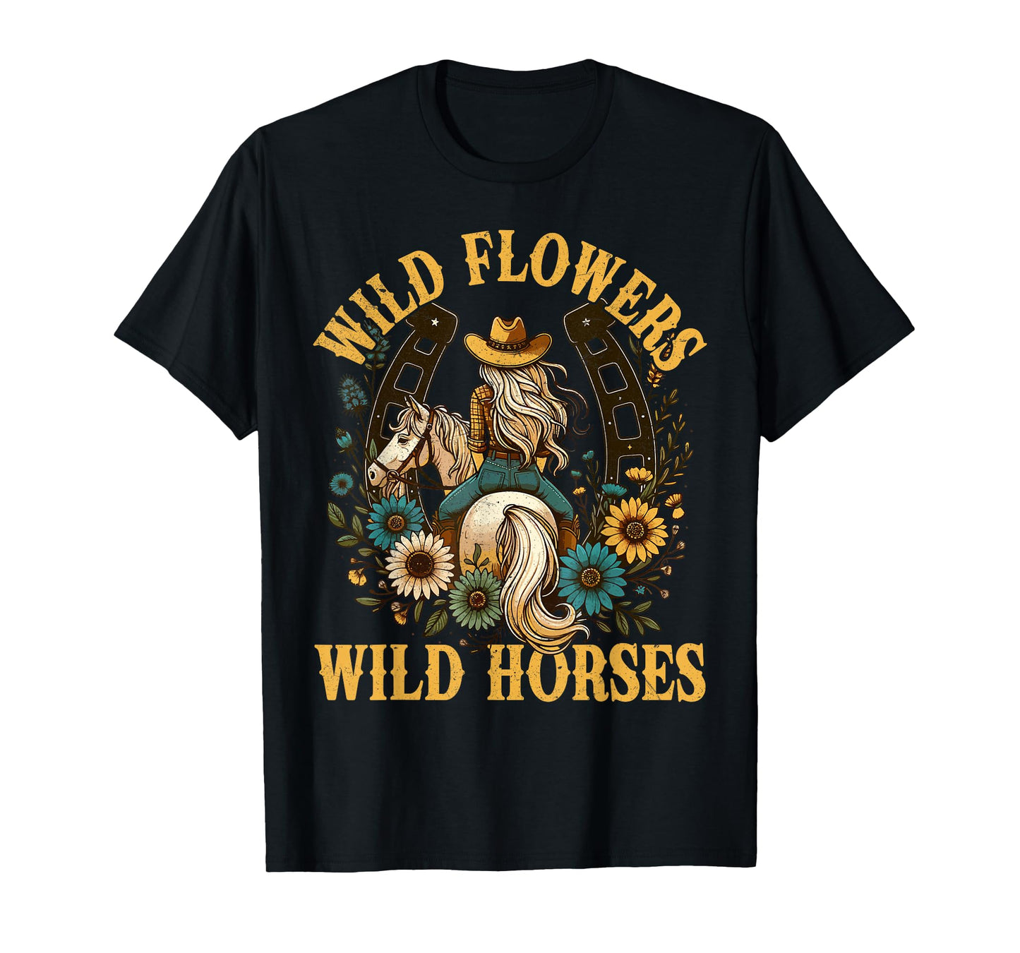 Retro Southern Sunset Cowgirl Wild Flowers - Wild Horses T-Shirt