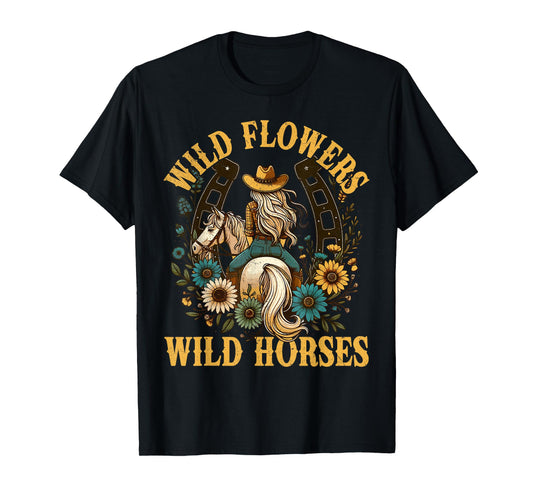 Retro Southern Sunset Cowgirl Wild Flowers - Wild Horses T-Shirt