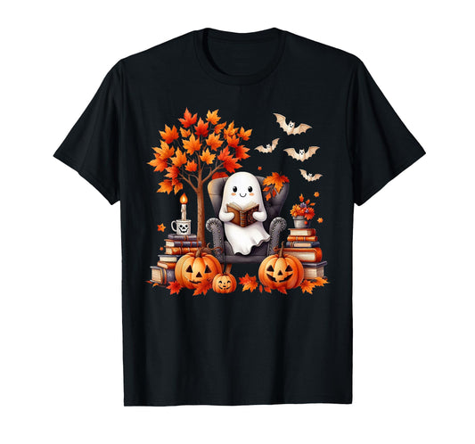 Vintage Ghost Book Reading Pumpkin Gothic Halloween Teachers T-Shirt