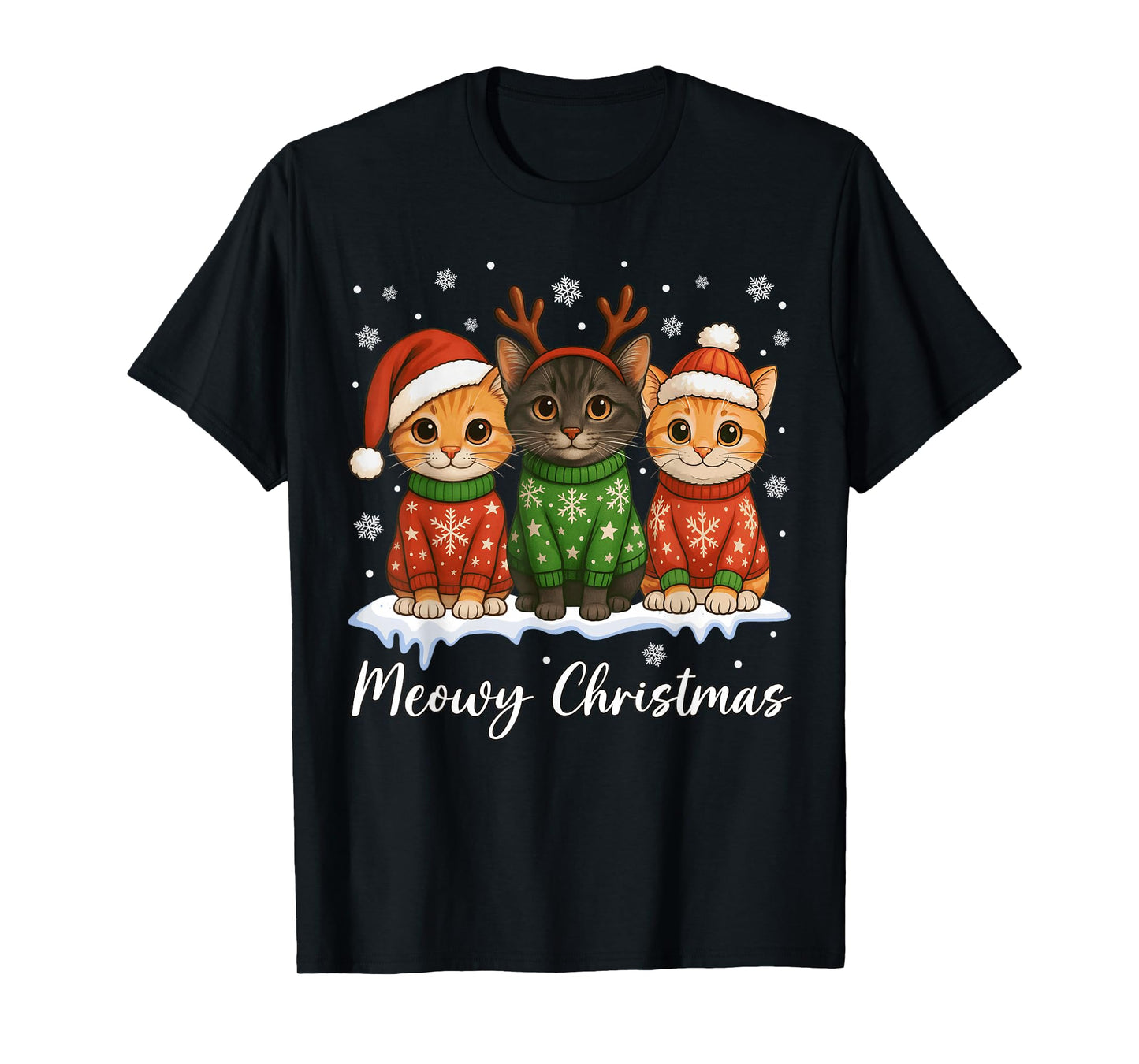 Cat Christmas Light Reindeer Santa Christmas Cat Lover T-Shirt