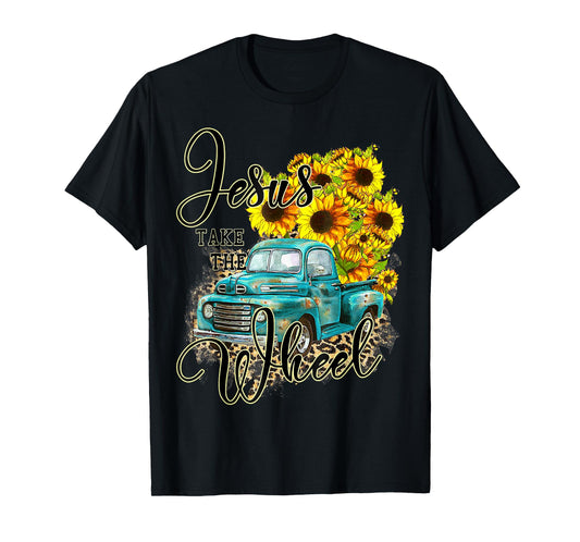 Sunflower Jesus Take The Wheel Christian Gift Leopard Print T-Shirt