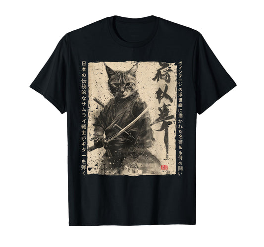 Samurai Cat Warrior Ukiyo Ink Artwork Cat Samurai T-Shirt