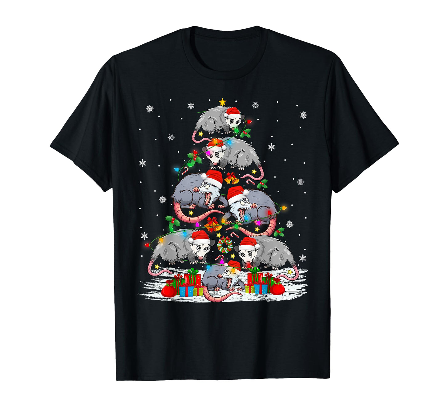 Opossum Christmas Tree Lights Holiday Santa Hat Xmas T-Shirt