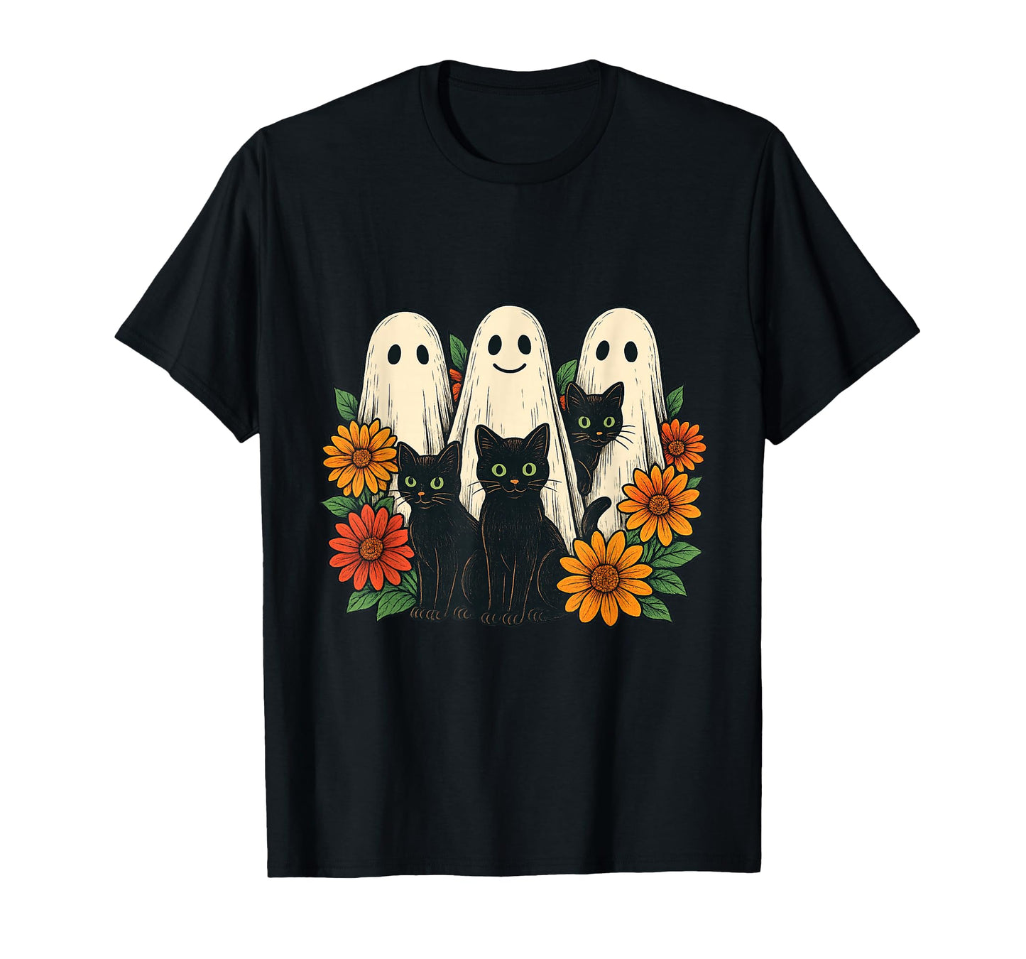 Vintage Halloween Ghost Holding Black Cat Groovy Floral T-Shirt