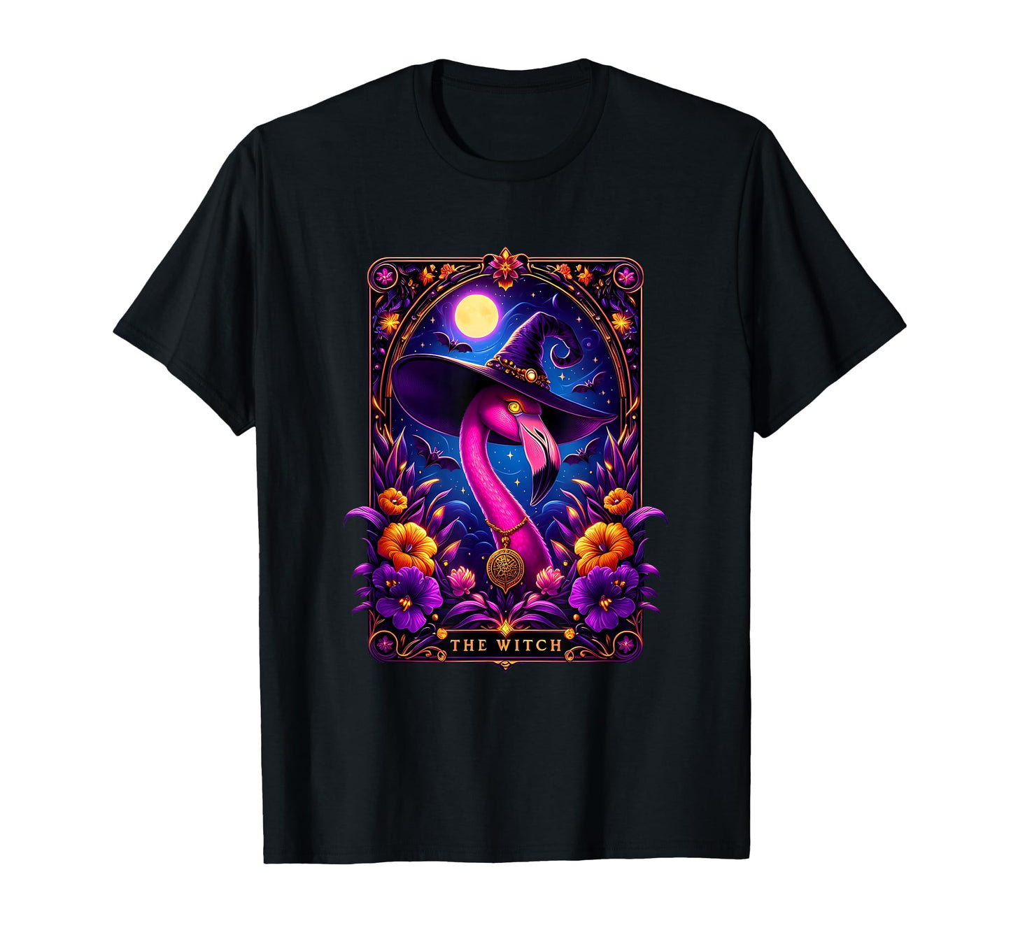 Witch Flamingo Tarot Card Halloween Gothic Art T-Shirt