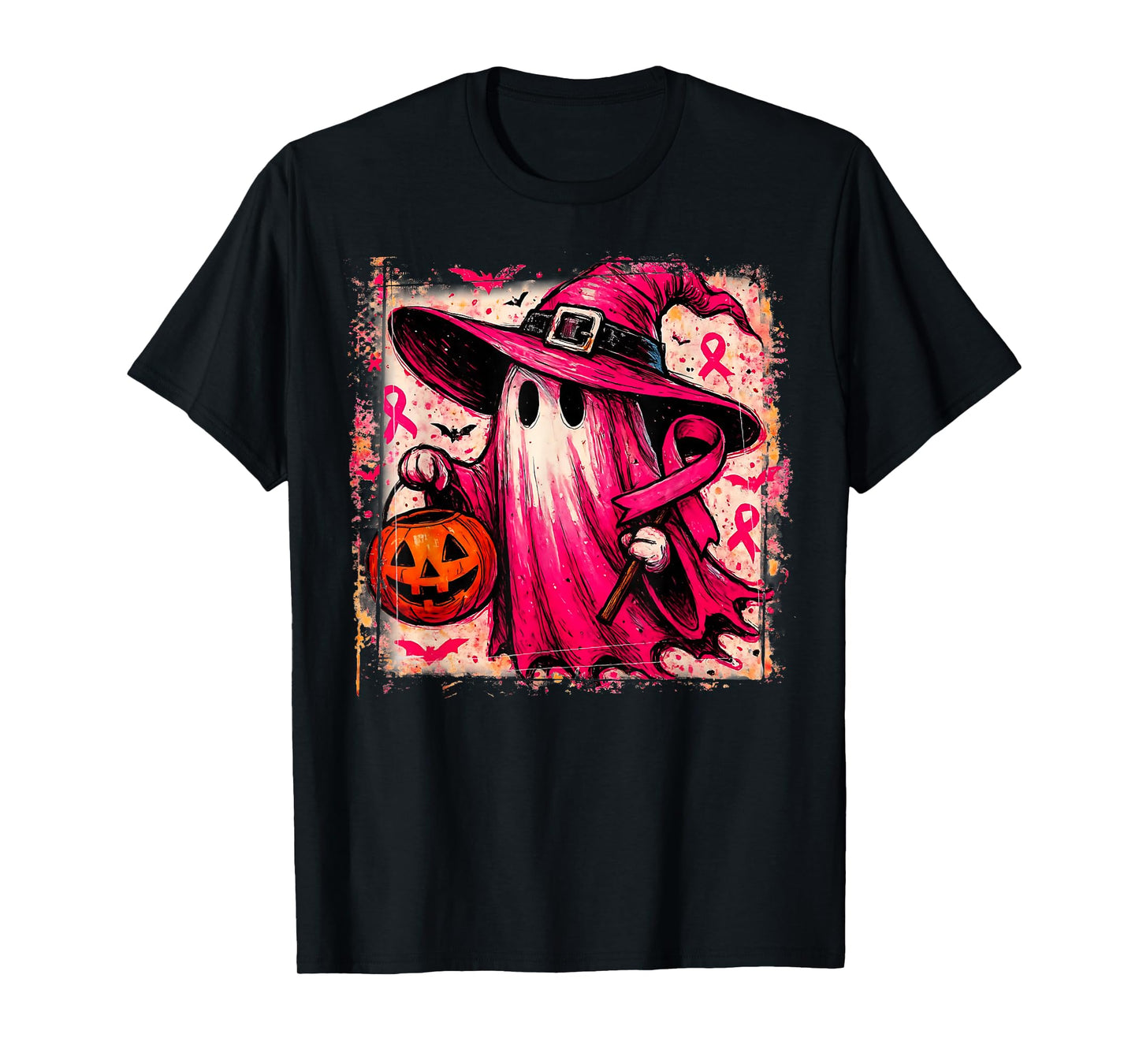in October We Wear Pink Ghost Witch Breast Cancer Awareness T-Shirt
