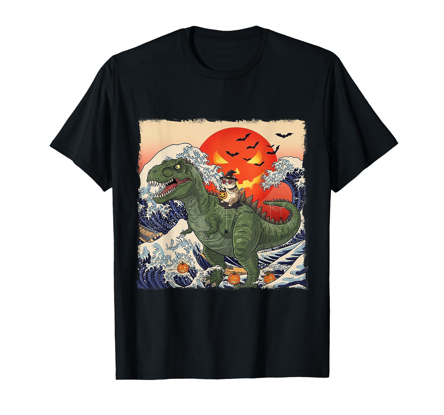 Funny Halloween Witch Cat Riding Dinosaur T-rex Ukiyo-e Wave T-Shirt