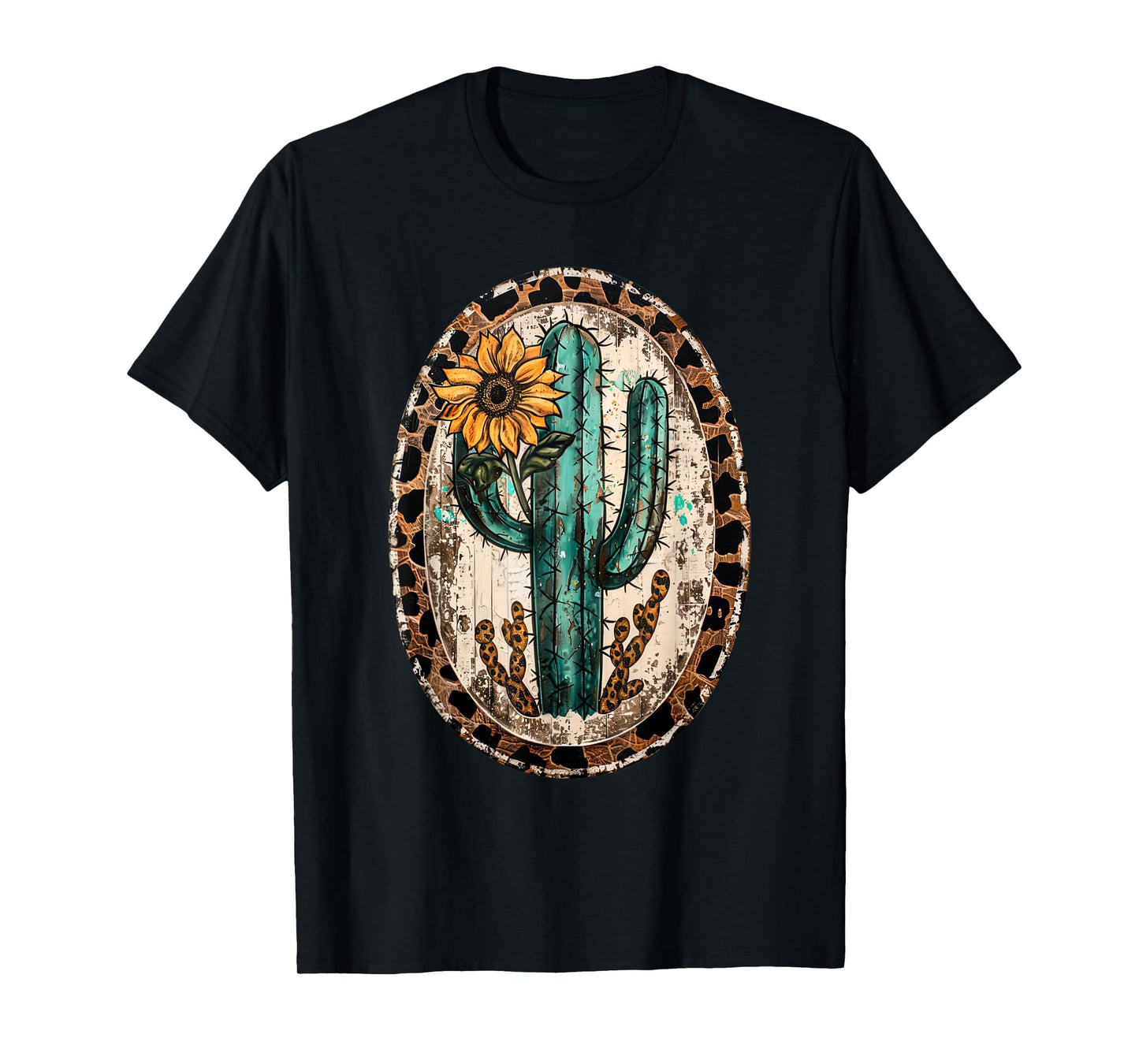 Vintage Western Turquoise Teal Cactus Sunflower Leopard T-Shirt