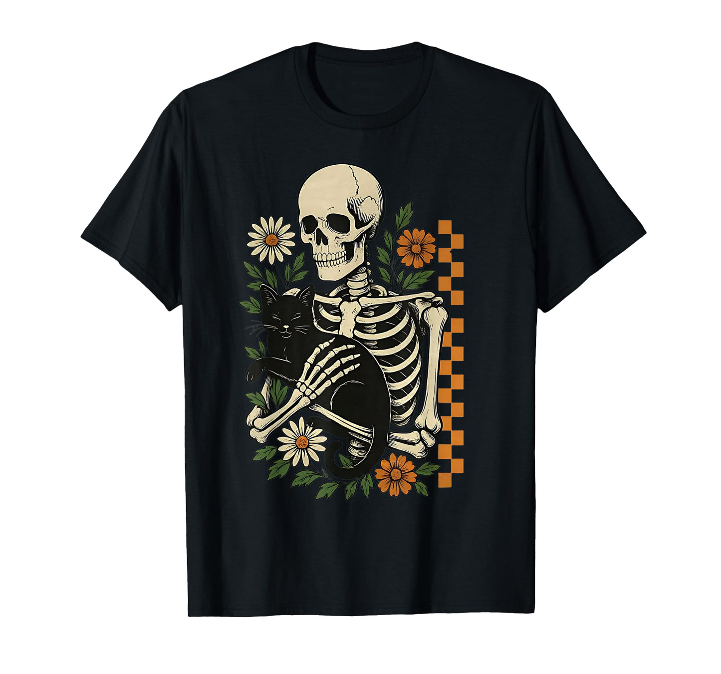 Funny Floral Skeleton Hugging Cat Halloween Cat Mom Cat Dad T-Shirt