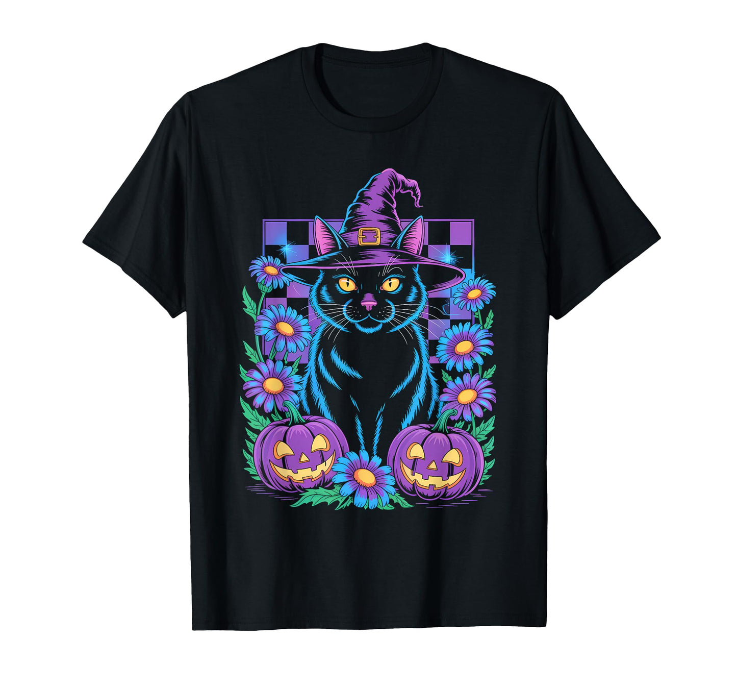 Retro Floral Checkered and Witch Cat with Pumpkins Halloween T-Shirt