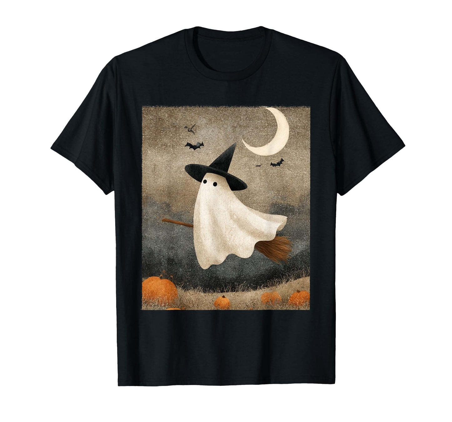 Spooky Ghost Witch on Broom Halloween Art T-Shirt