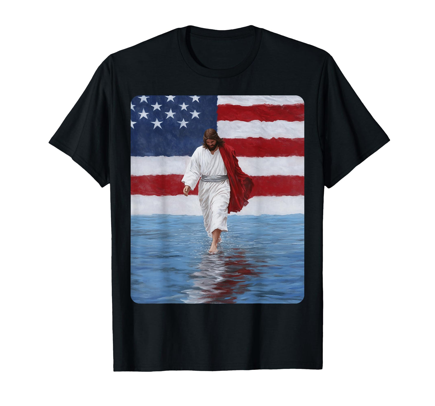 Jesus Walking On Water American Flag USA T-Shirt