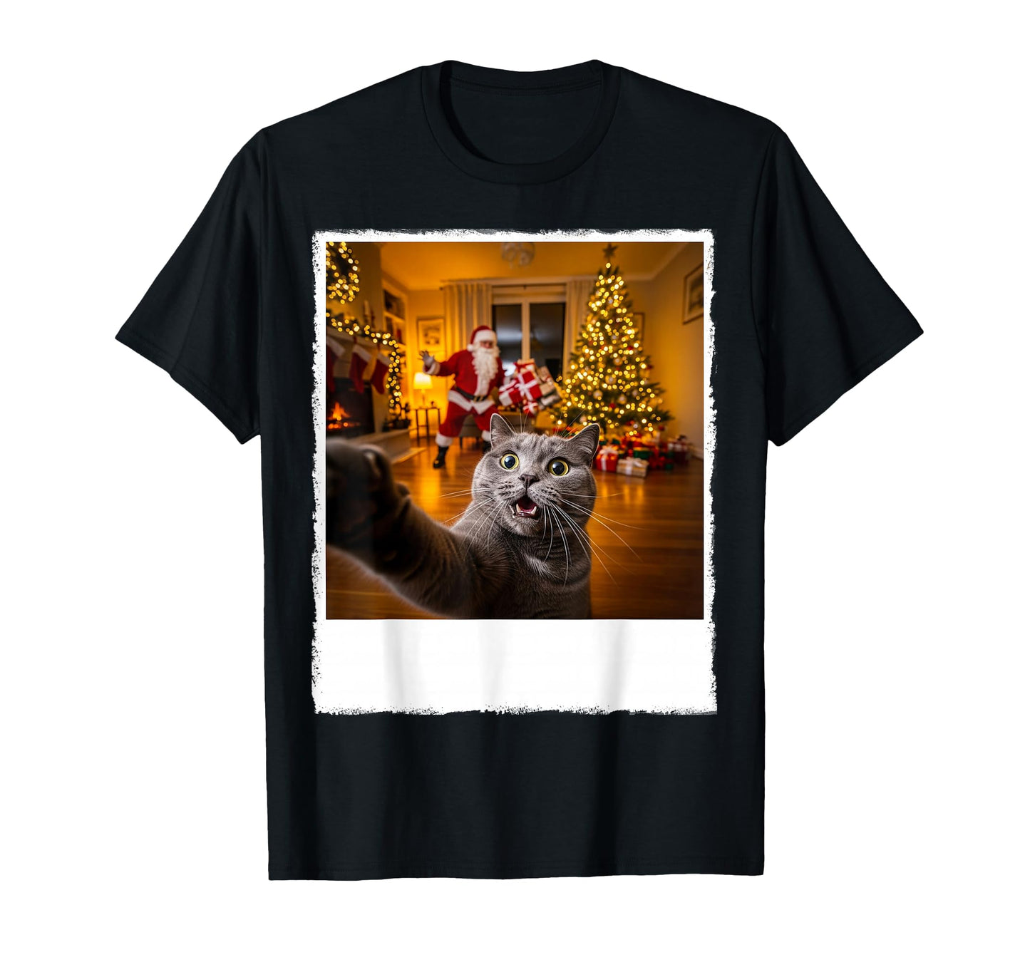 Cute Grey Cat Selfie with Santa Claus Gifts Christmas Tree T-Shirt