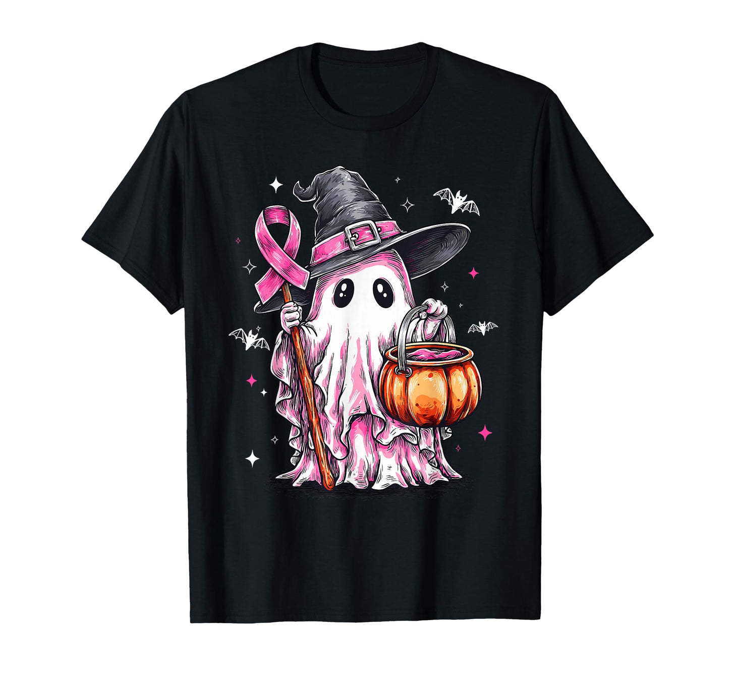 Retro Pink Ghost Witch Halloween Breast Cancer Awareness T-Shirt