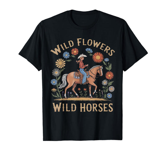Retro Southern Sunset Wild Cowgirl Flowers - Wild Horses T-Shirt