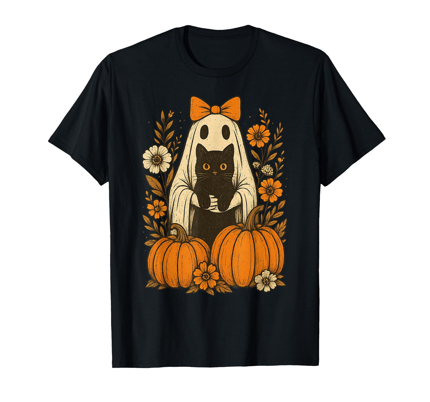 Vintage Halloween Ghost Holding Black Cat Groovy Floral T-Shirt