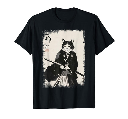 Cat Samurai Warrior Vintage Ukiyo-e Art Japanese Katana T-Shirt